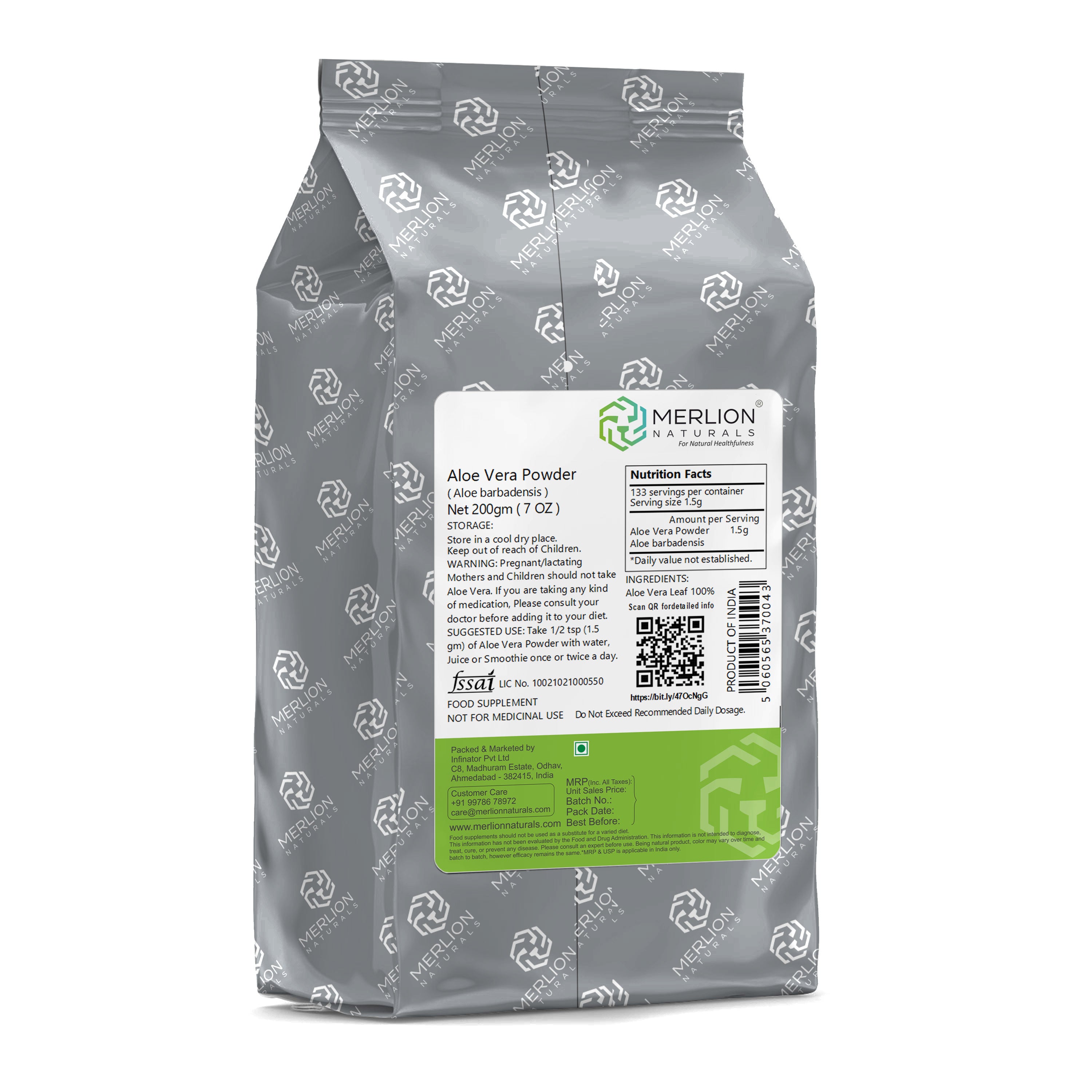 Merlion Naturals Aloe Vera Powder 200gm, Back view, Skin Soothing, Digestion, Hydration, Immunity, Food Supplement