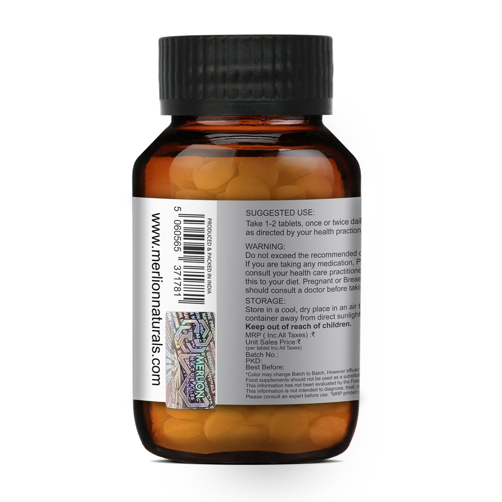 Merlion Naturals Bael Pulp Tablets 500mg (120 Tablets), Side View view, Digestion, Gut Health, Constipation Relief