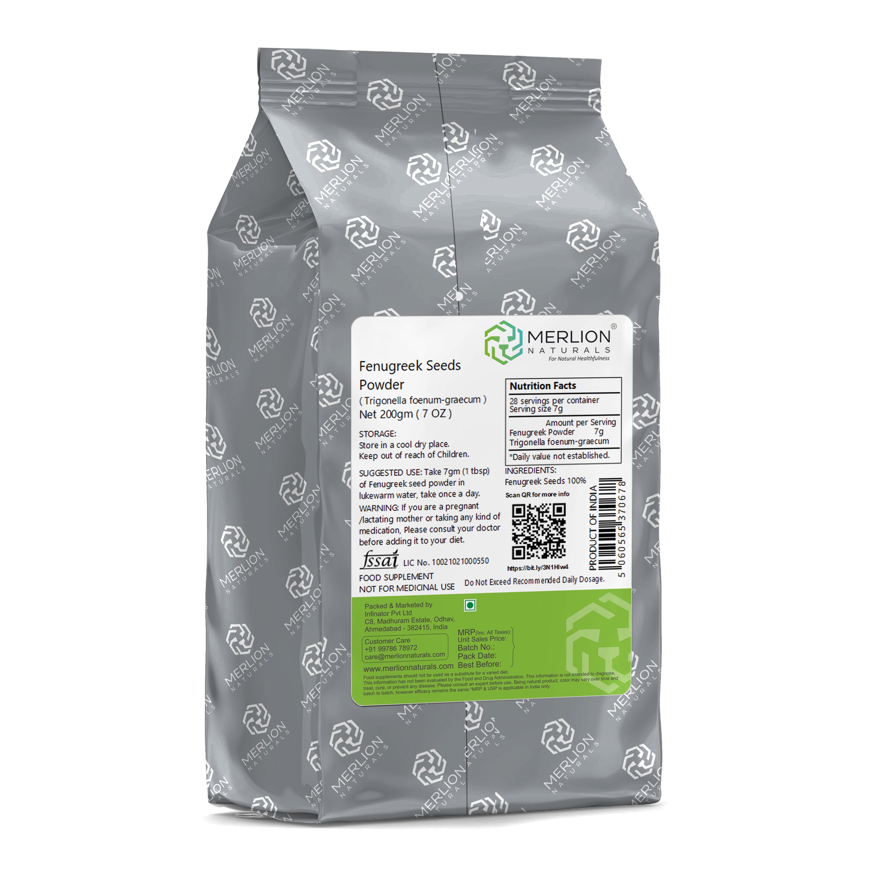 Merlion Naturals Fenugreek Powder 200gm, Back view, Hair Growth, Digestion, Blood Sugar Control, Lactation Support
