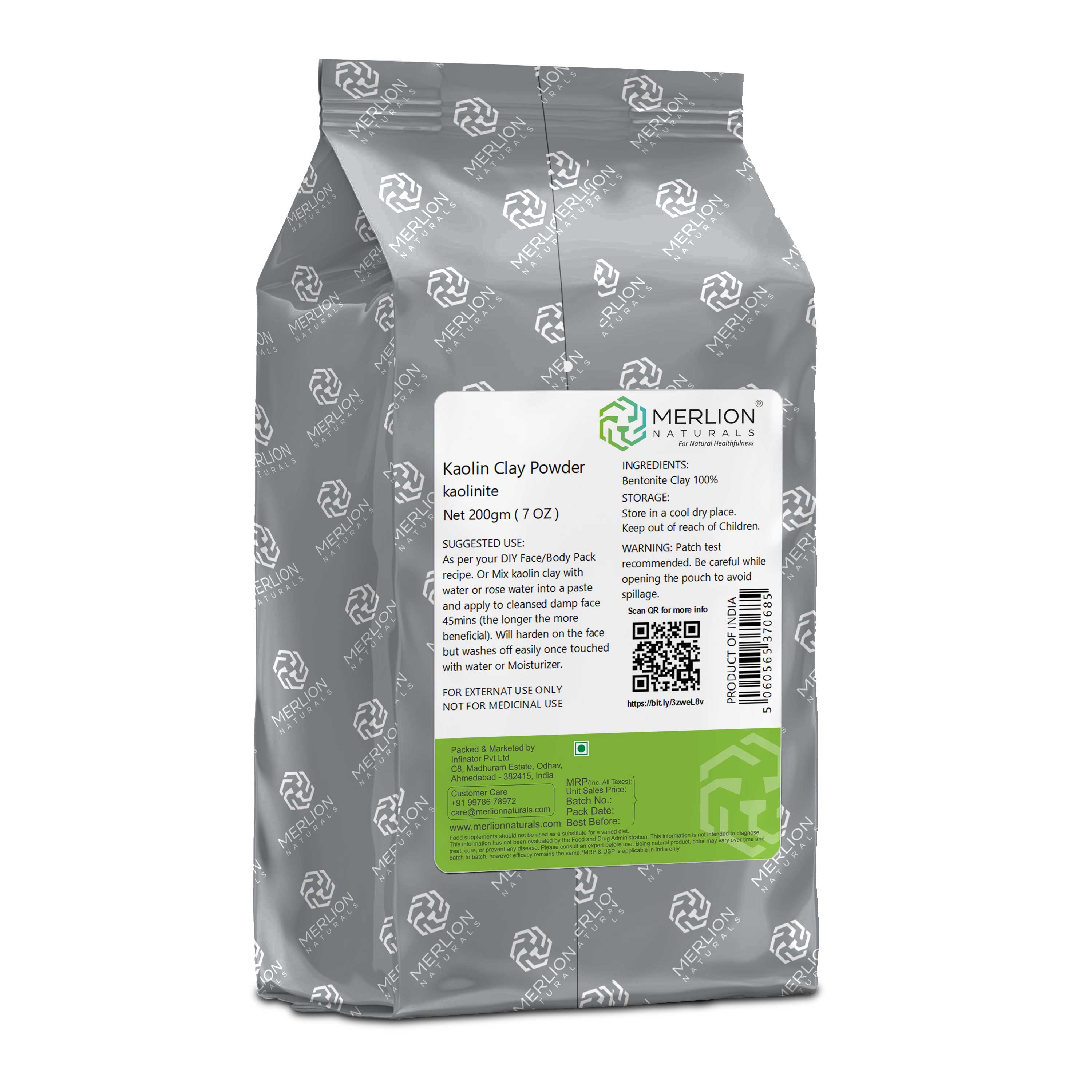 Merlion Naturals Kaolin Clay Powder 200gm, Back view, Gentle Cleansing, Oil Control, Soothing, Skin Tone, Detox, Cosmetic