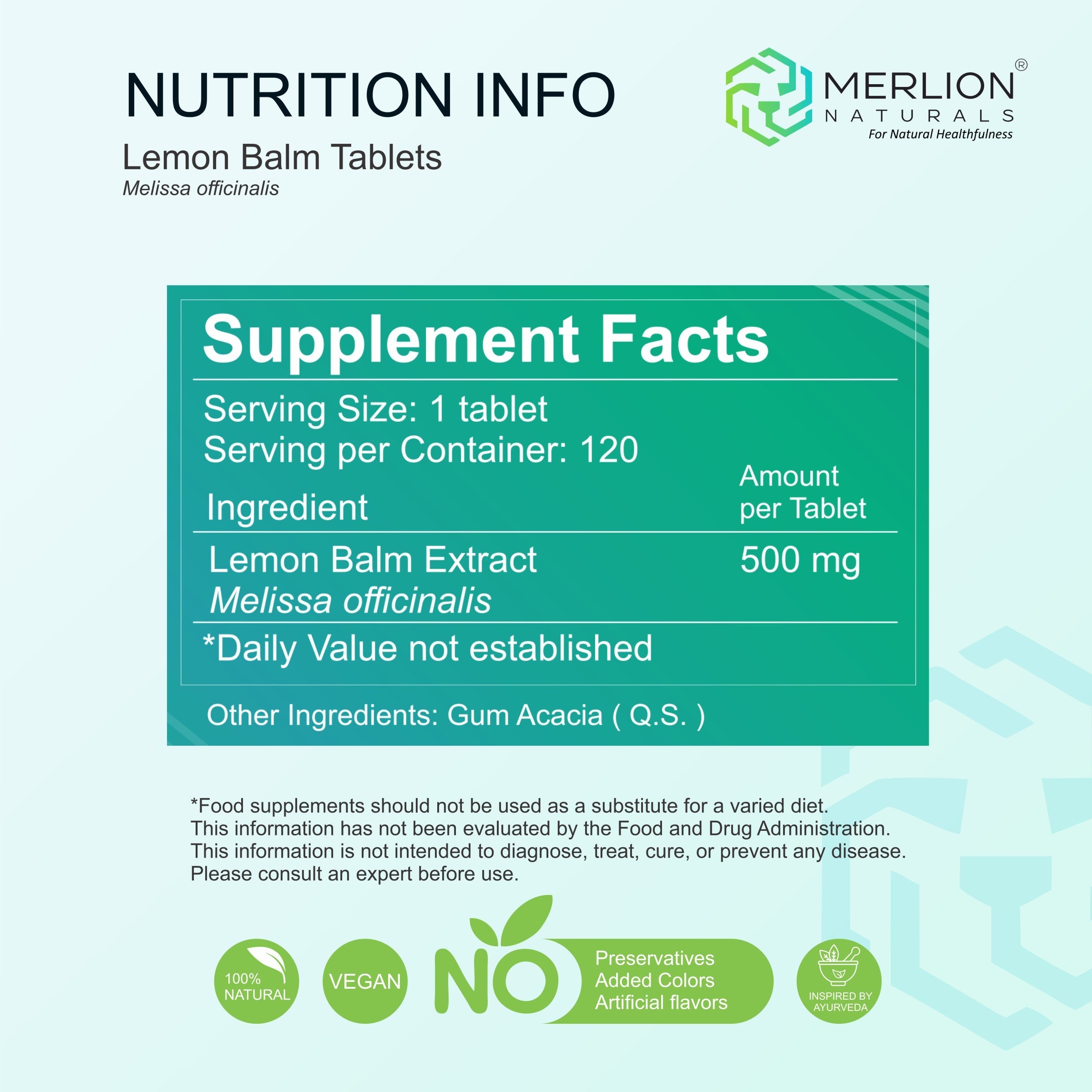 Lemon Balm Tablets | Melissa officinalis | 500mg