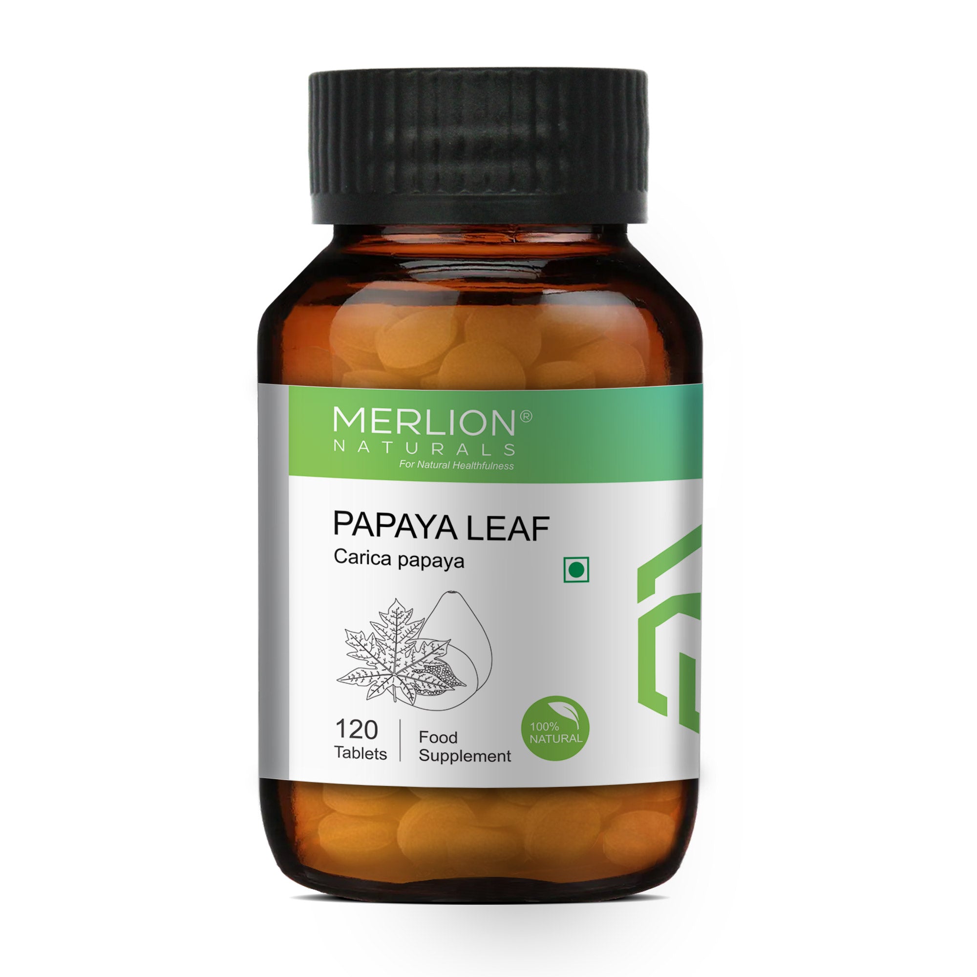 Merlion Naturals Papaya Leaf Tablets 500mg (120 Tablets), Front View view, Immunity, Digestion, Skin Health, Liver Support
