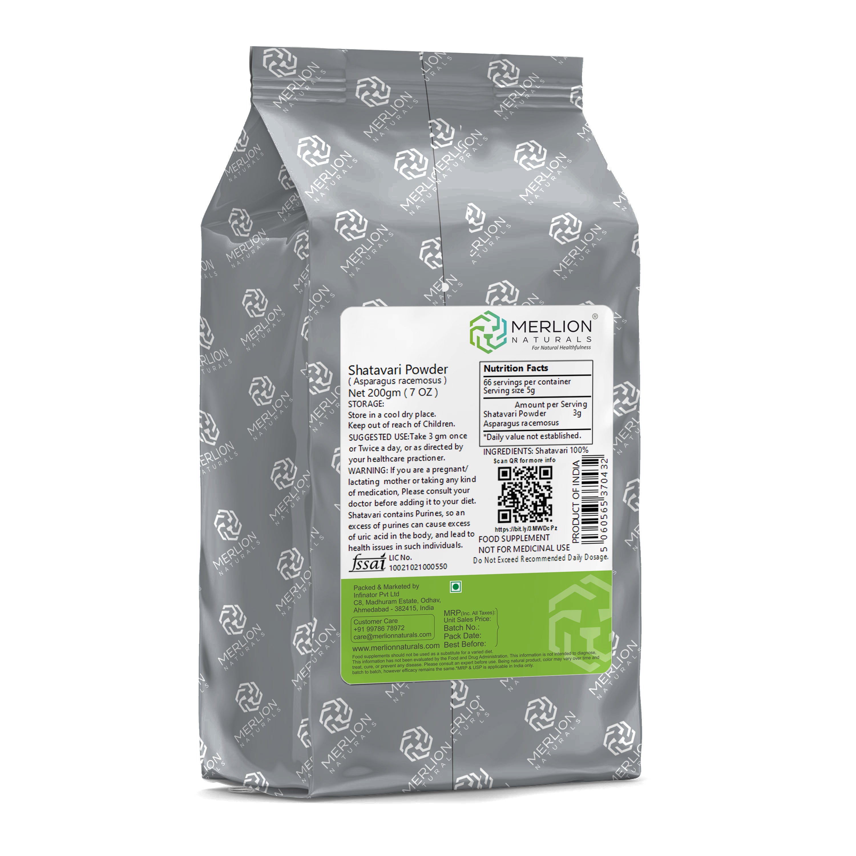 Merlion Naturals Shatavari Powder 200gm, Back view, Hormone Balance, Immunity, Digestion, Lactation Support, Stress Relief