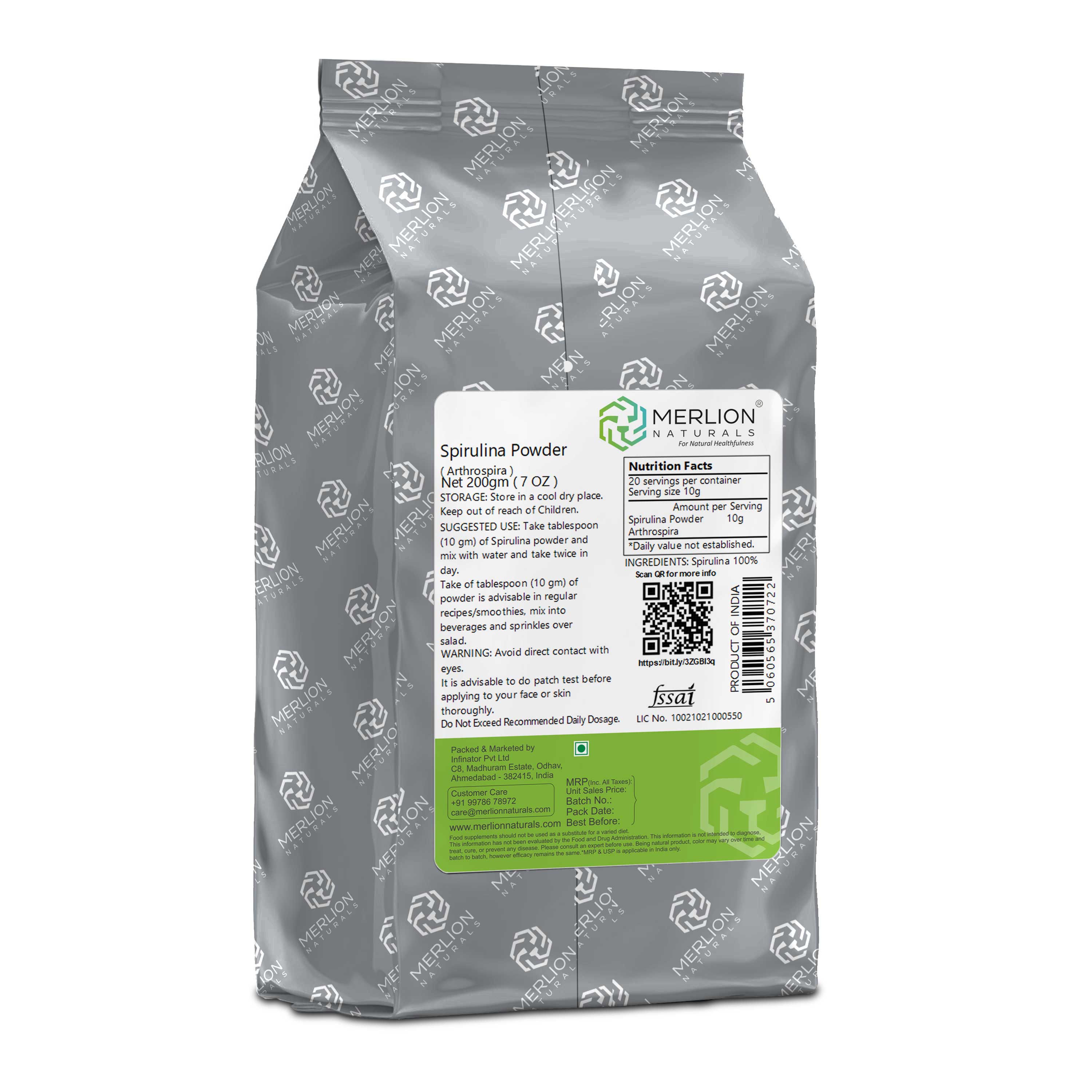 Merlion Naturals Spirulina Powder 200gm, Back view, Nutrient Rich, Antioxidant, Muscle Support, Detox, Heart Health