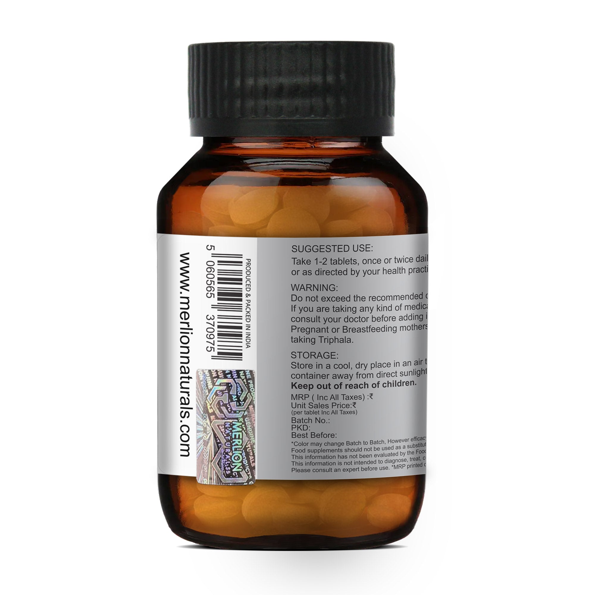 Merlion Naturals Triphala Tablets 500mg (120 Tablets), Side View view, Digestion, Detox, Immunity, Skin Health, Heart Health