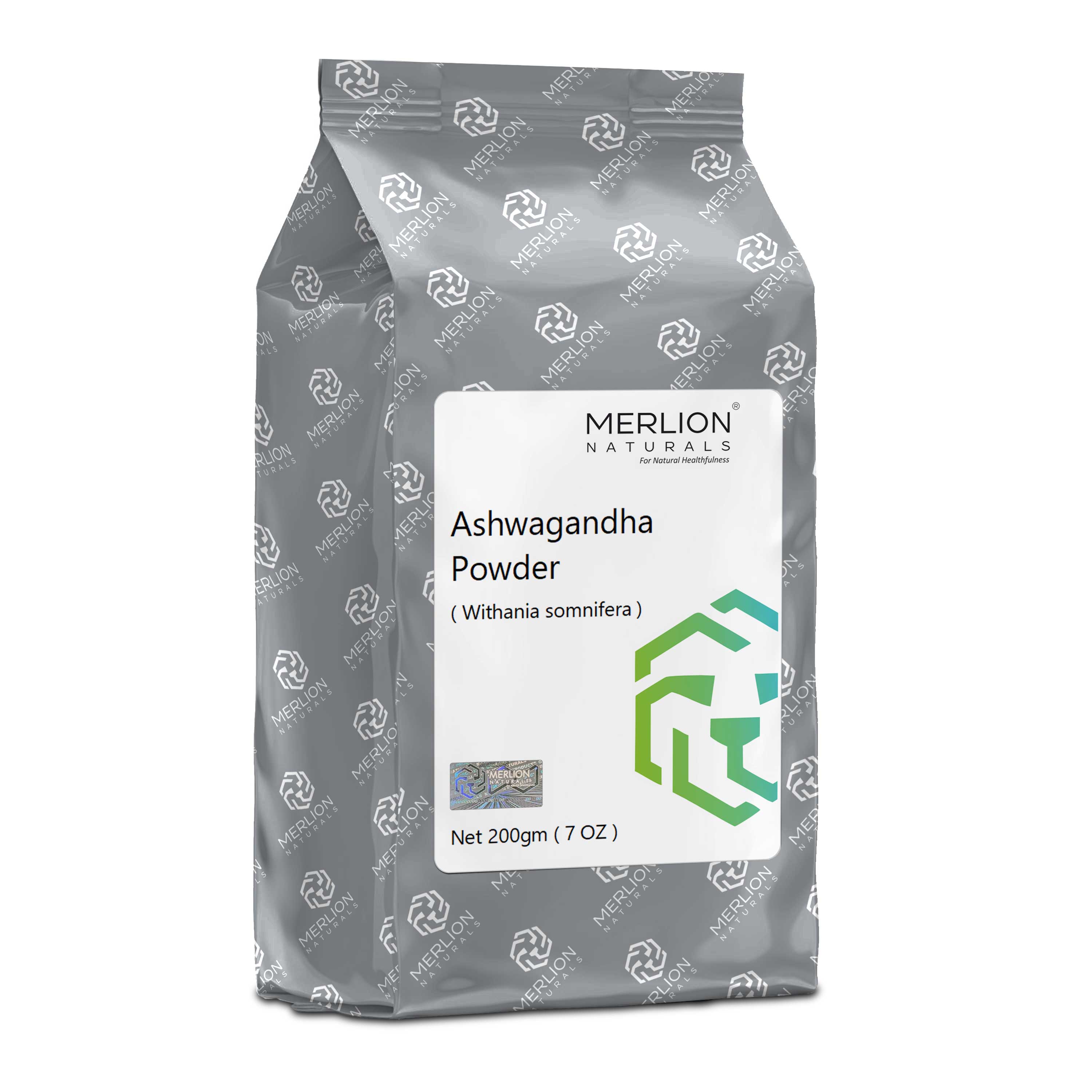 Merlion Naturals Ashwagandha Powder 200gm, Front view, Stress Relief, Energy Boost, Brain Health, Immunity, Sleep Support
