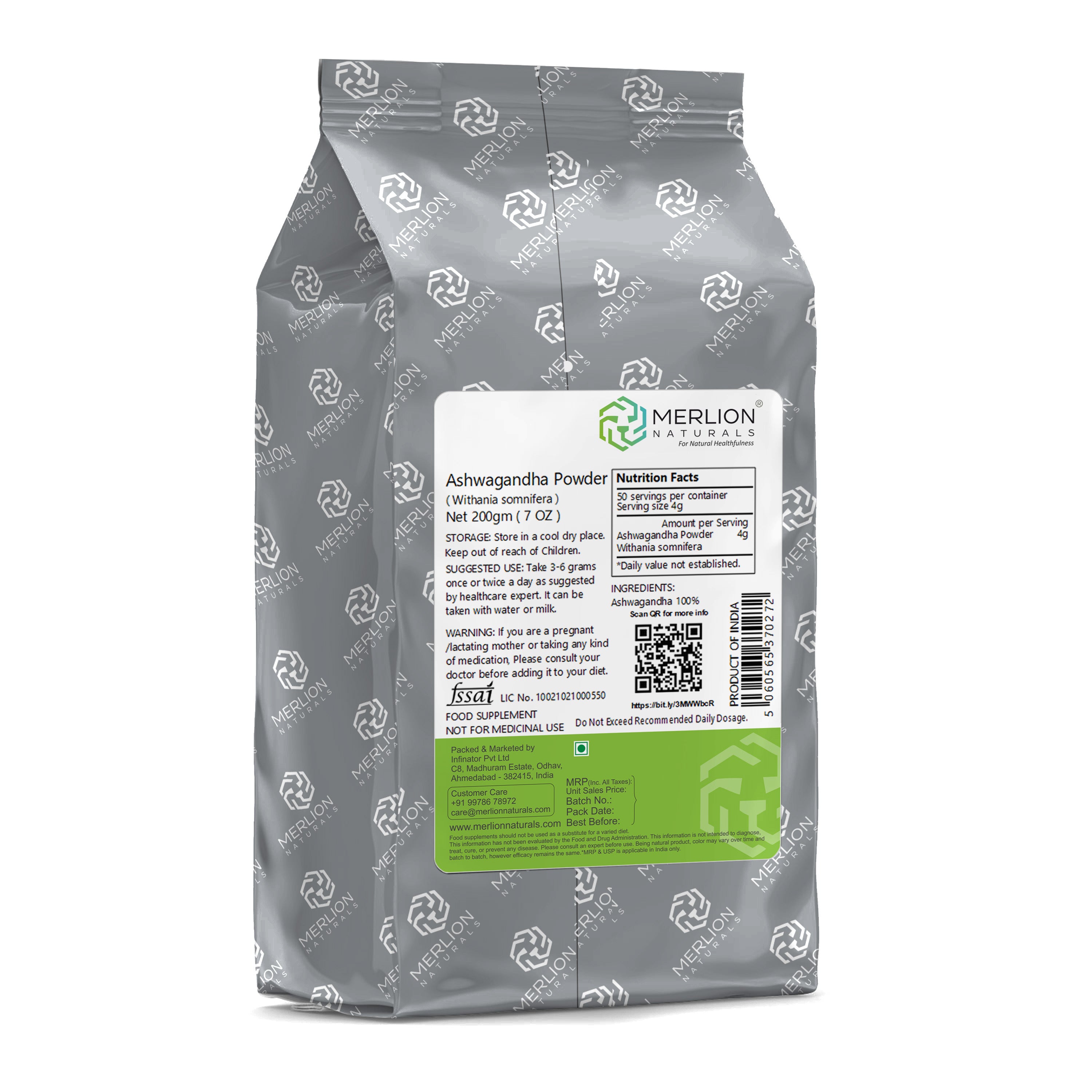 Merlion Naturals Ashwagandha Powder 200gm, Back view, Stress Relief, Energy Boost, Brain Health, Immunity, Sleep Support
