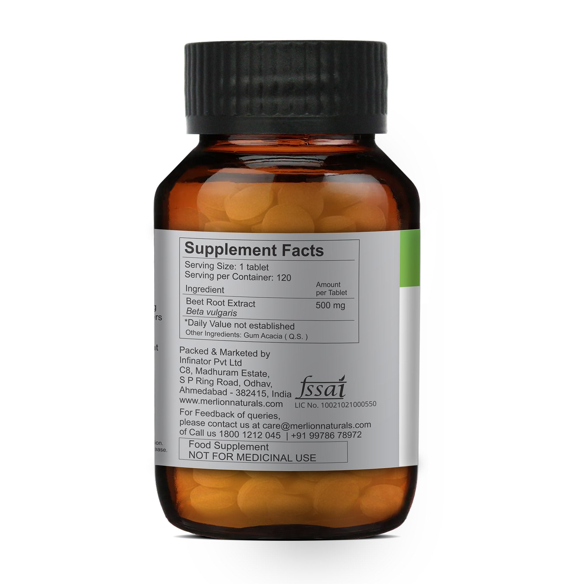 Merlion Naturals Beet Root Tablets 500mg (120 Tablets), Side View view, Stamina, Blood Pressure, Digestion, Antioxidant