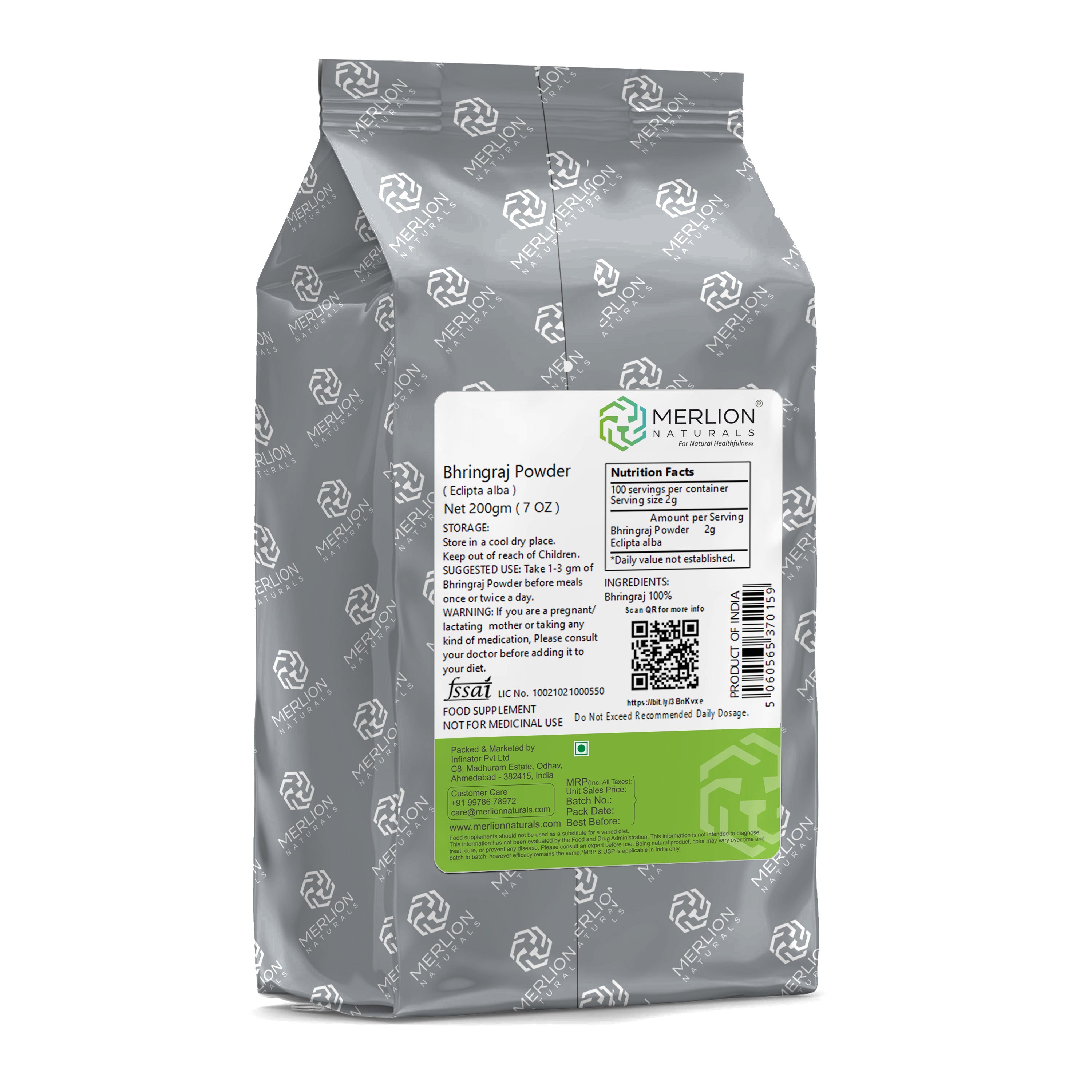 Merlion Naturals Bhringraj Powder 200gm, Back view, Hair Growth, Strengthens Hair, Dandruff Control, Liver Detox
