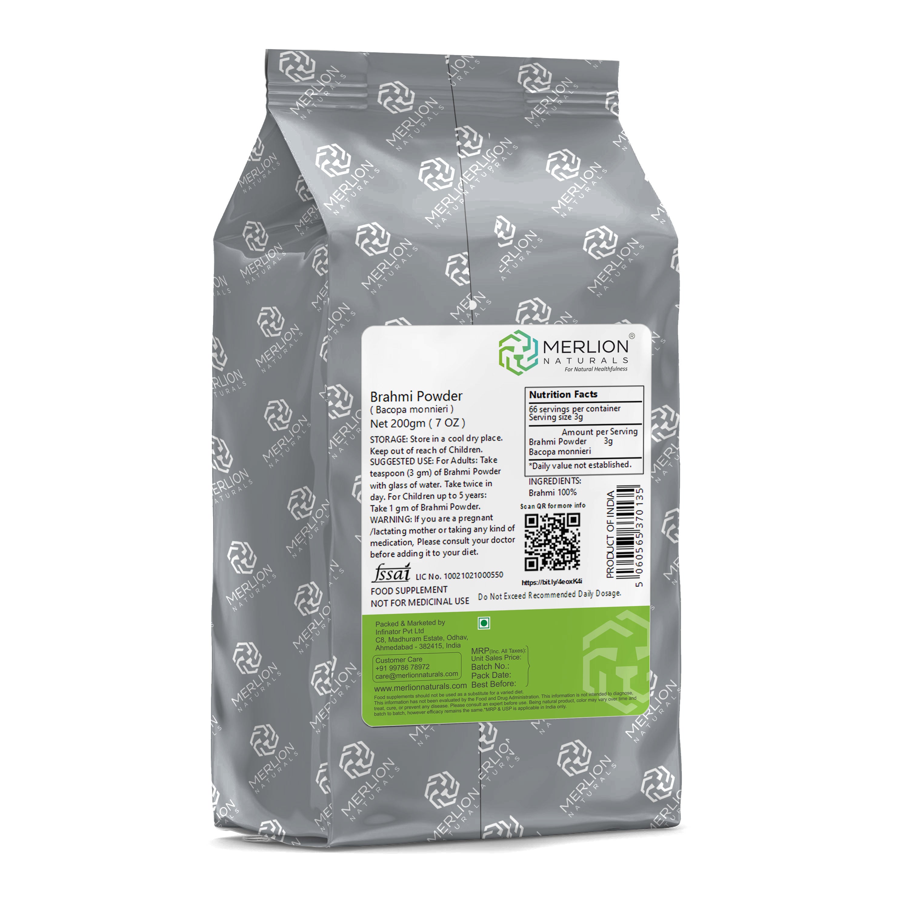 Merlion Naturals Bacopa Powder 200gm, Back view, Memory Boost, Cognitive Support, Stress Relief, Mood Support, Antioxidant
