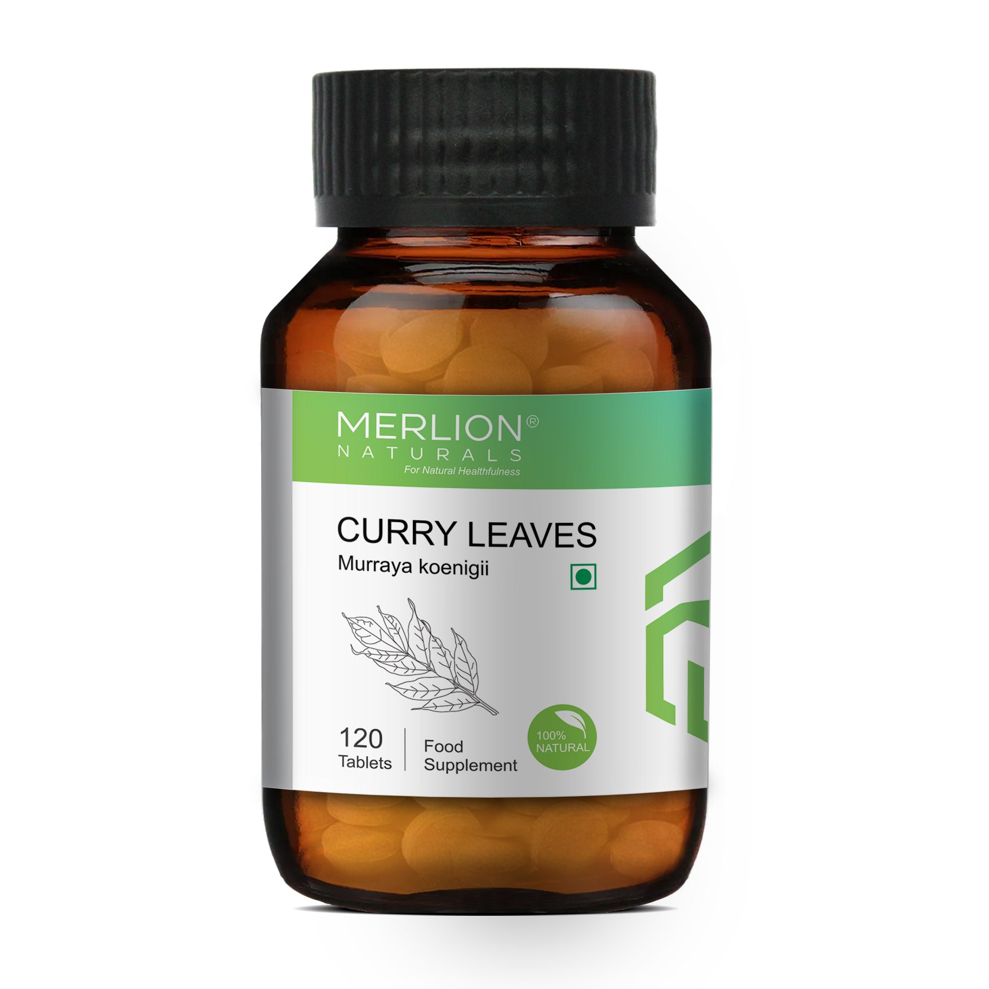 Merlion Naturals Curry Leaves Tablets 500mg (120 Tablets), Front View view, Hair Growth, Digestion, Immunity
