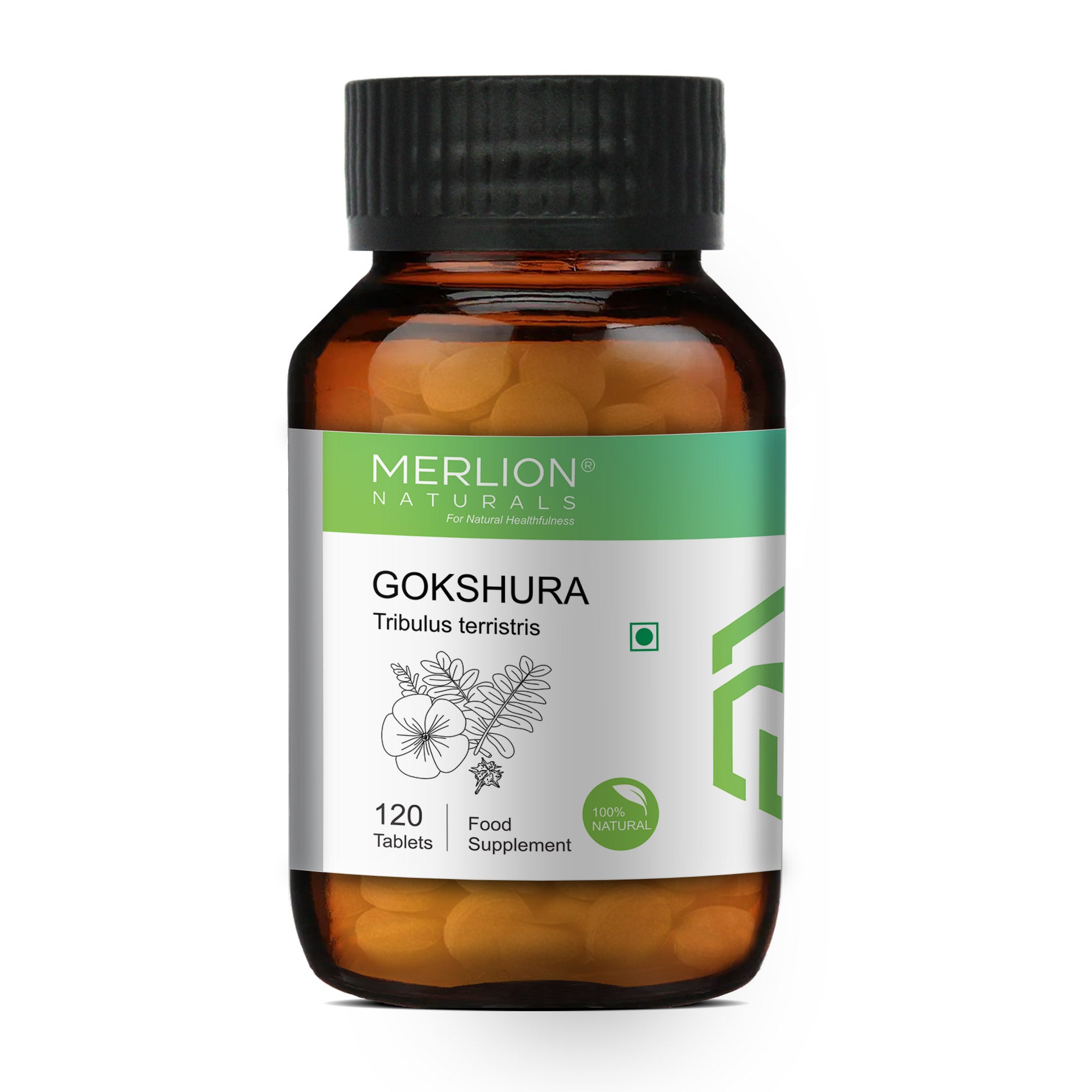 Merlion Naturals Gokshura Tablets 500mg (120 Tablets), Front View view, Kidney Health, Hormone Balance, Libido
