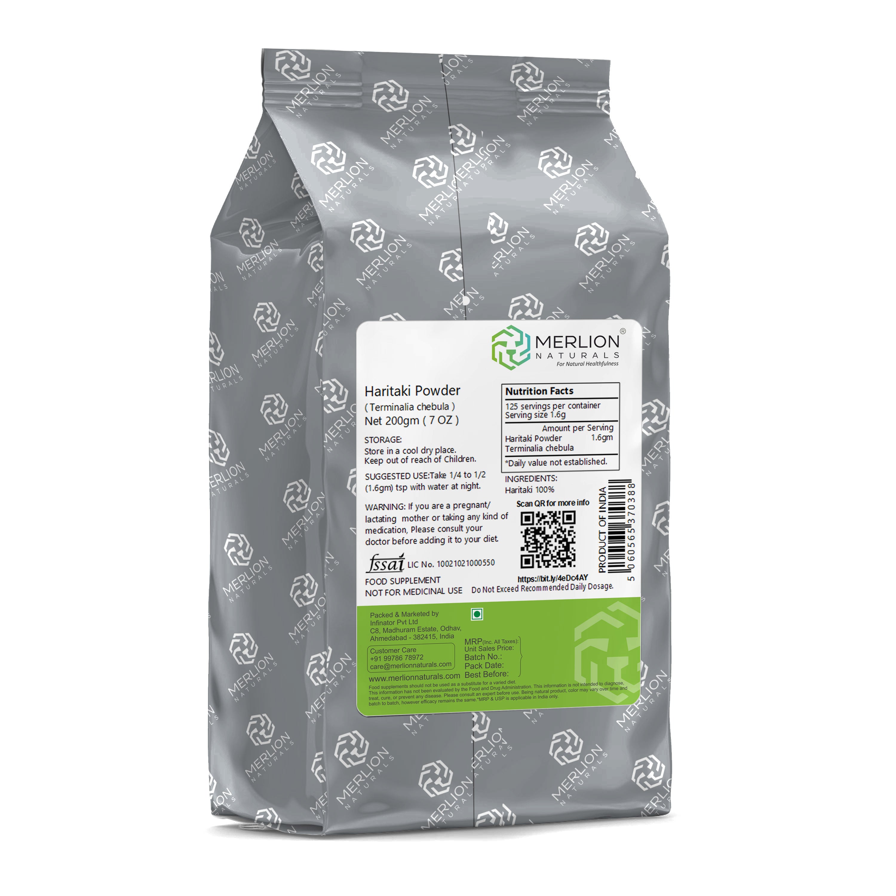 Merlion Naturals Haritaki Powder 200gm, Back view, Digestion, Detox, Immunity, Skin Health, Brain Health
