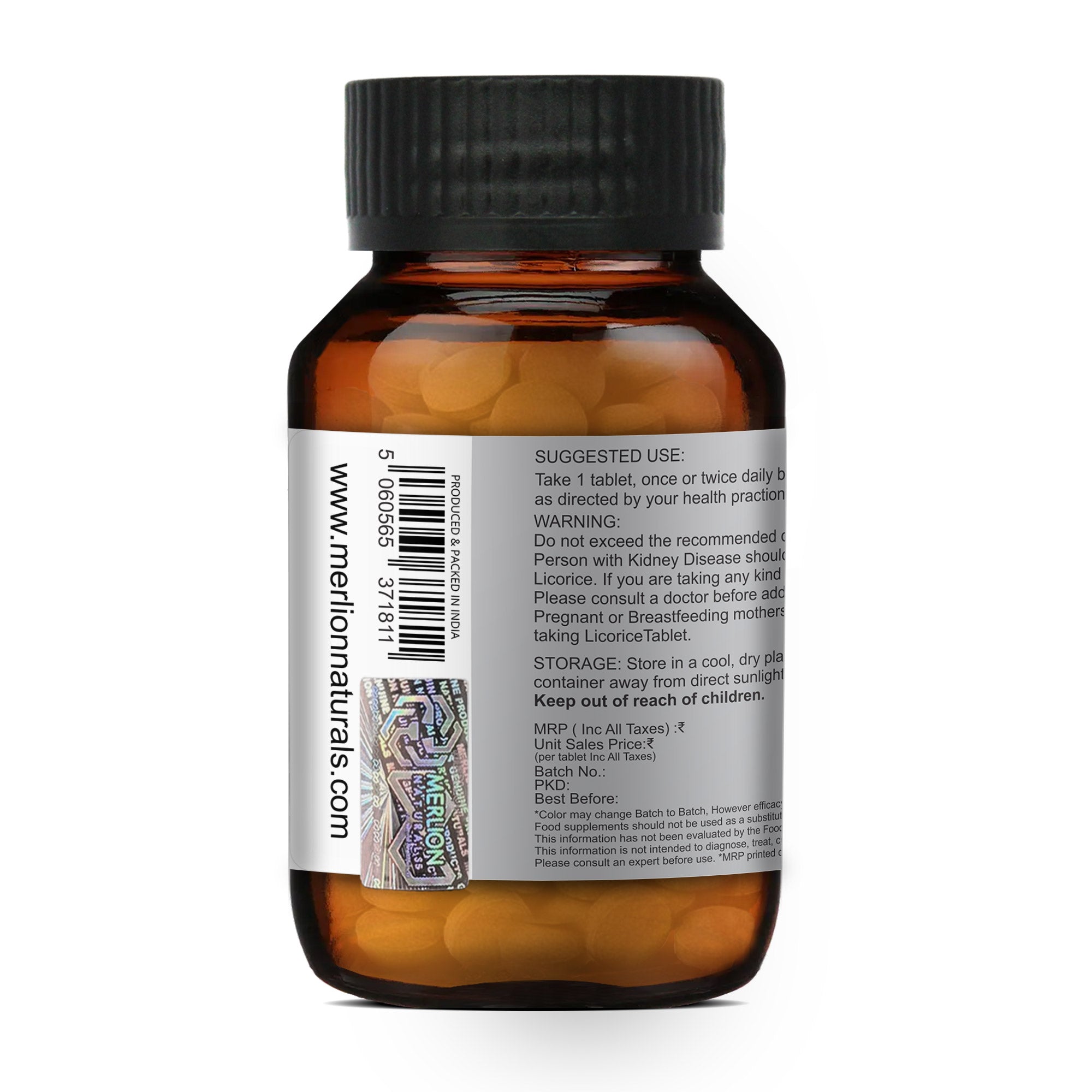 Merlion Naturals Licorice Tablets 500mg (120 Tablets), Side View view, Brightening, Anti-inflammatory, Melanin Control
