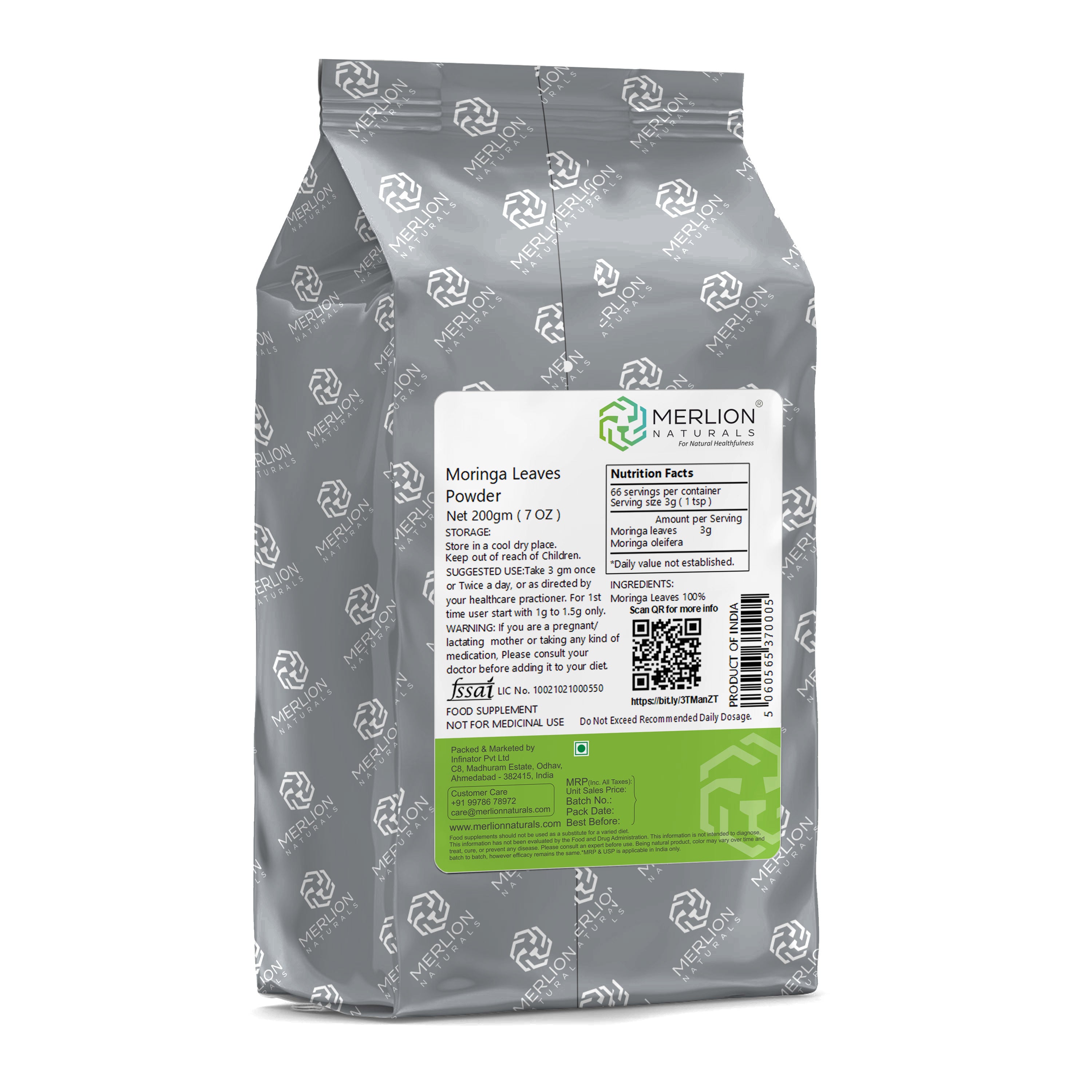 Merlion Naturals Moringa Powder 200gm, Back view, Immunity, Skin Health, Detox, Digestion, Energy Boost, Food Supplement use
