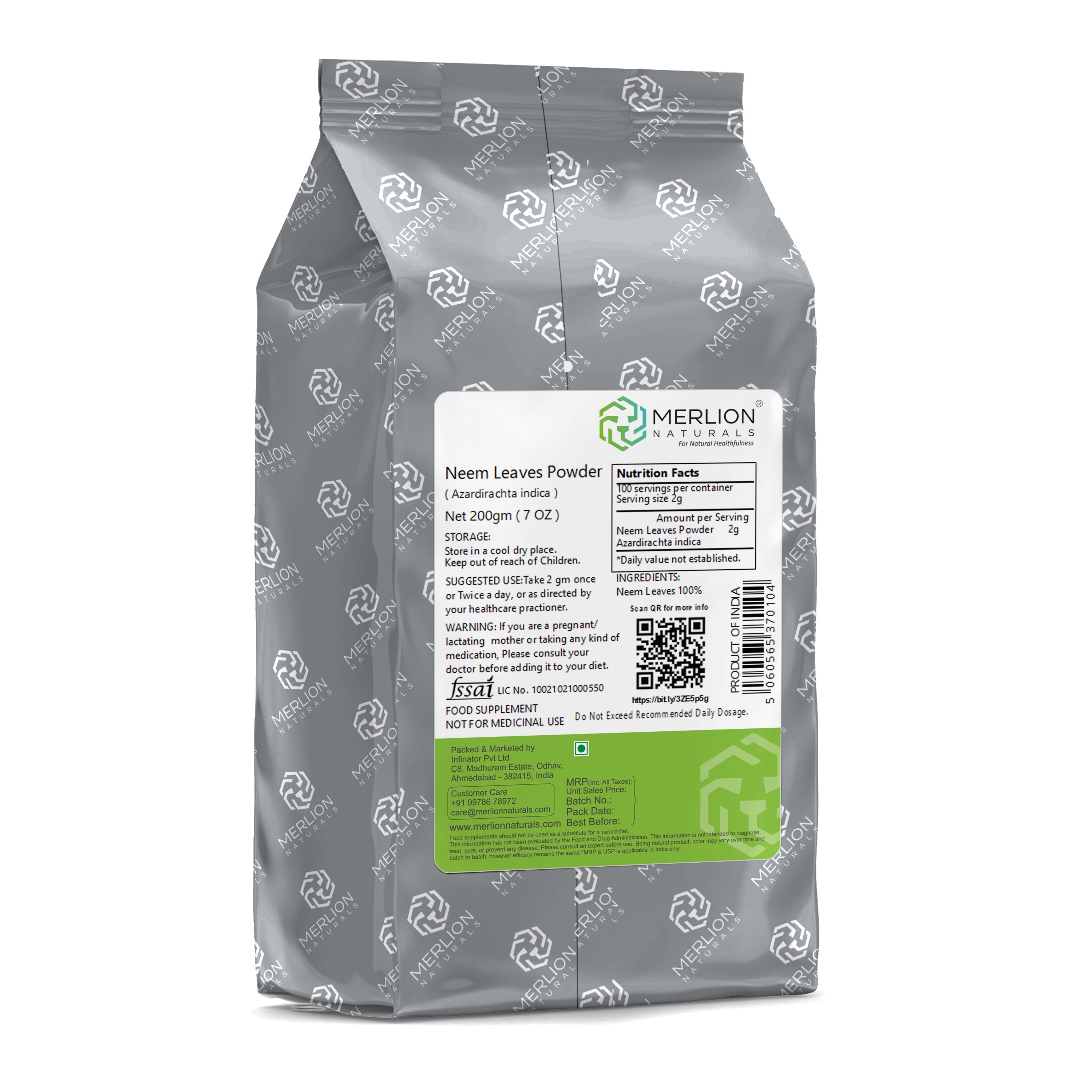 Merlion Naturals Neem Powder 200gm, Back view, Detox, Antibacterial, Scalp Health, Immunity, Antioxidant, Food Supplement
