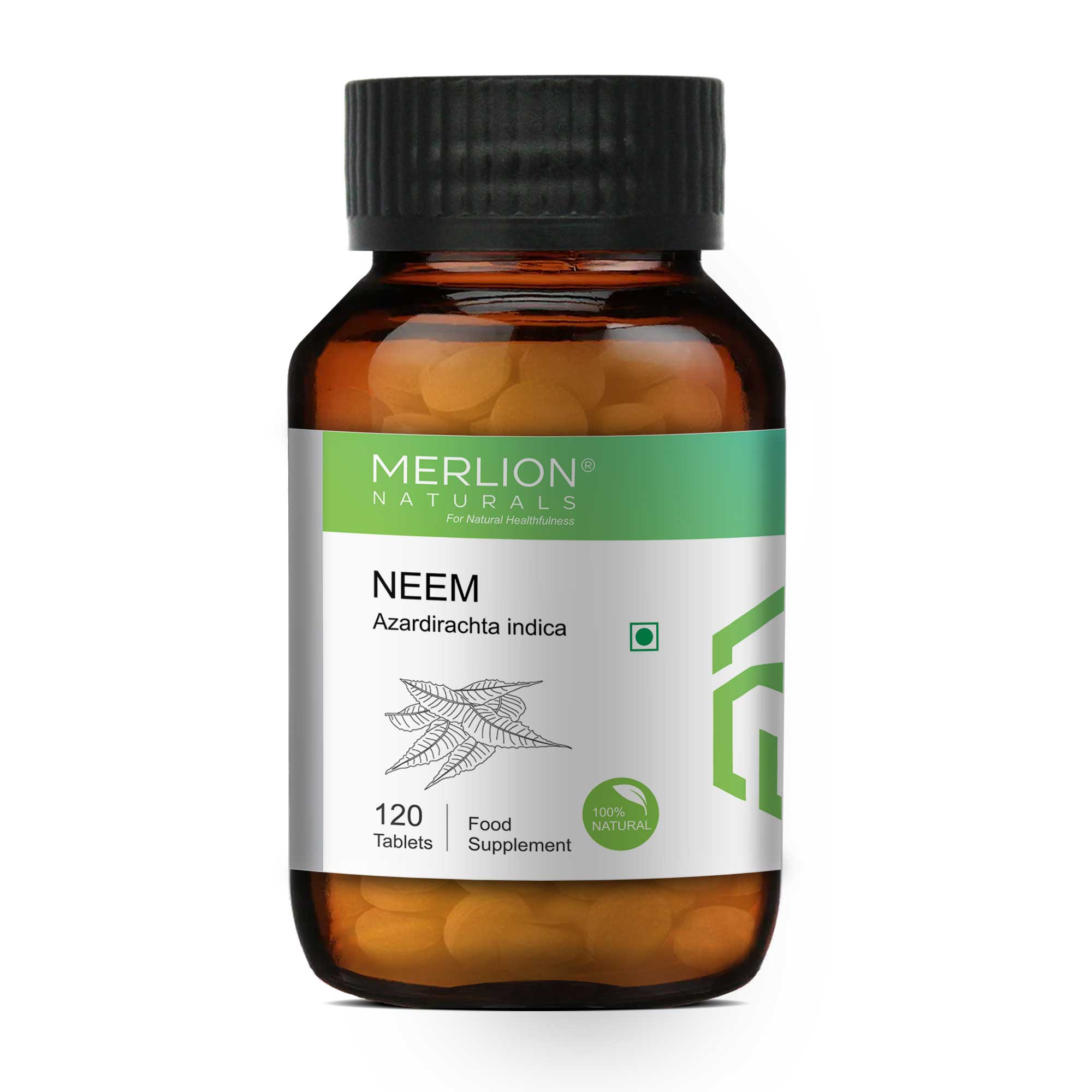 Merlion Naturals Neem Tablets 500mg (120 Tablets), Front View view, Detox, Antibacterial, Scalp Health, Immunity
