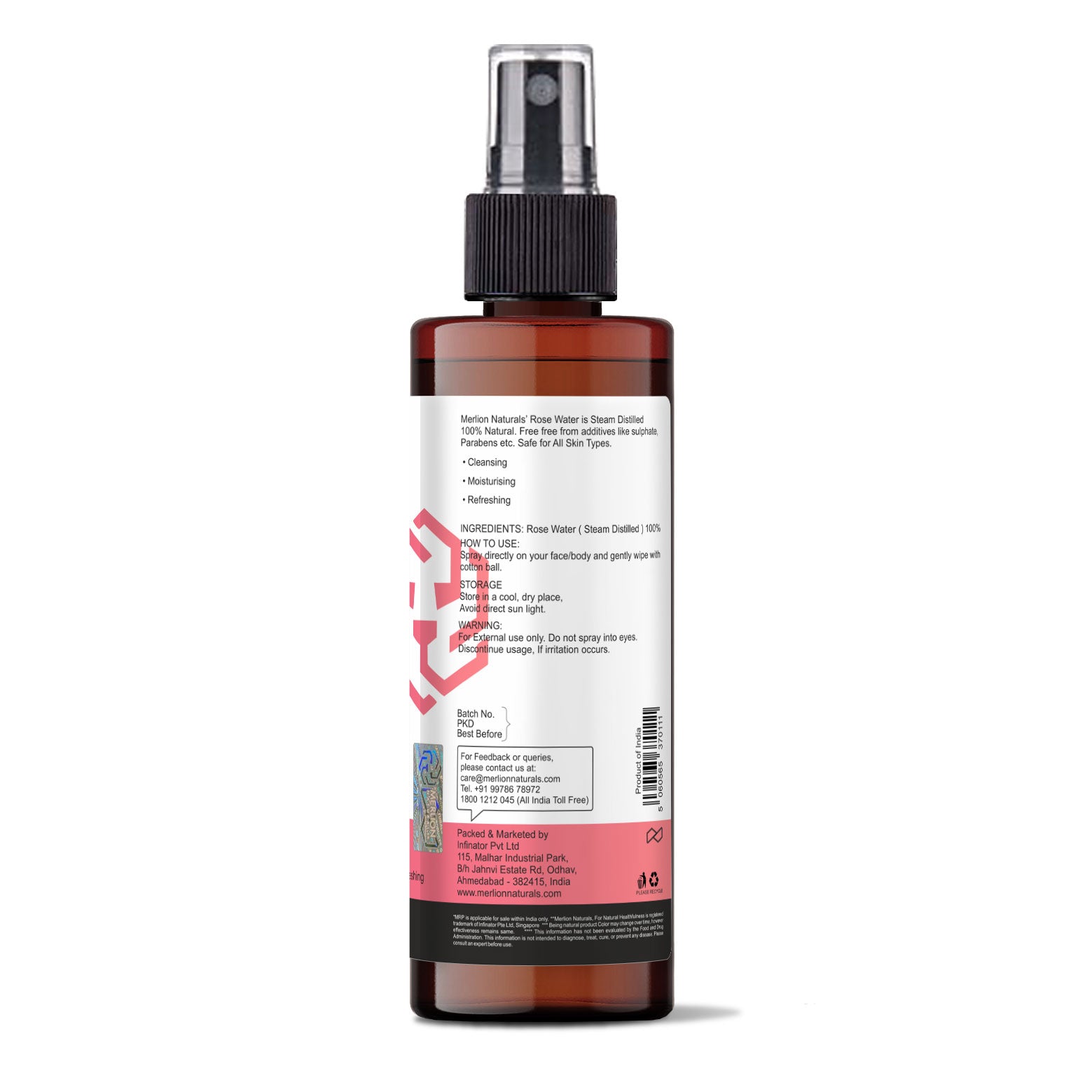 Merlion Naturals Rose Water 200ml, Back view, Hydration, pH Balance, Soothing, Antioxidant, Scalp Health, Cosmetic
