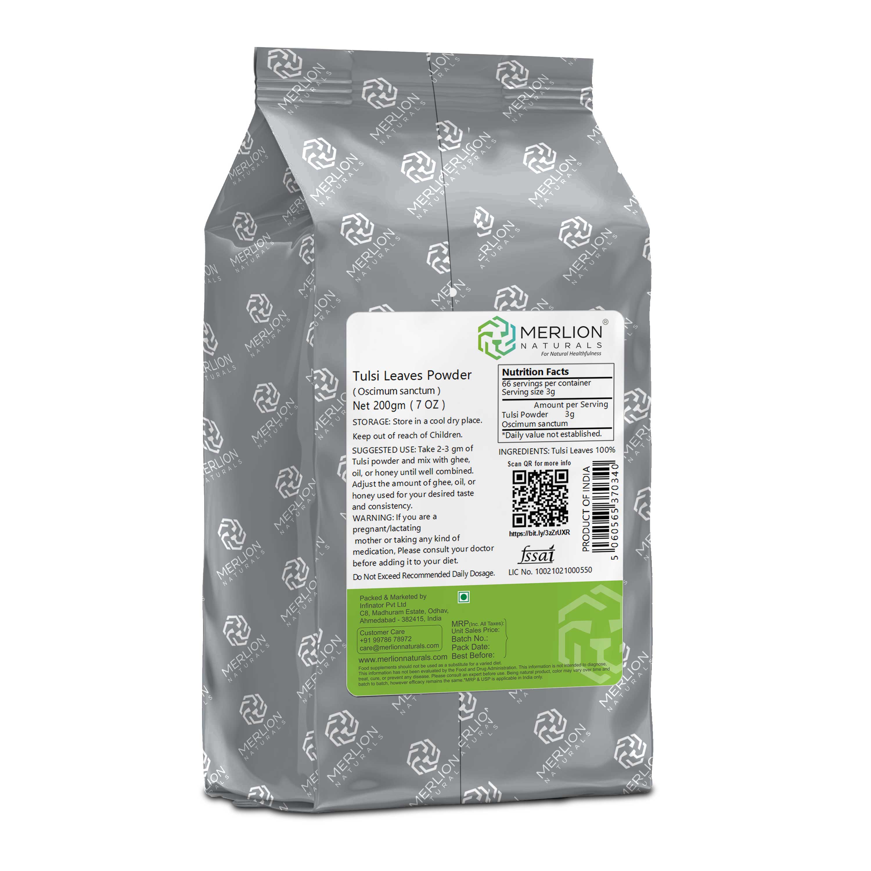 Merlion Naturals Tulsi Leaves Powder 200gm, Back view, Immunity, Stress Relief, Respiratory Health, Digestion, Detox
