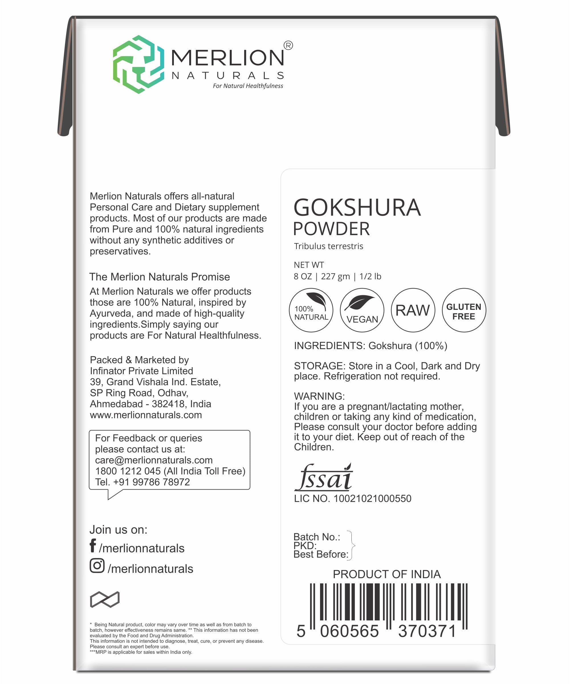 Merlion Naturals Gokshura Powder 227gm, Back view, Kidney Health, Hormone Balance, Libido, Muscle Strength
